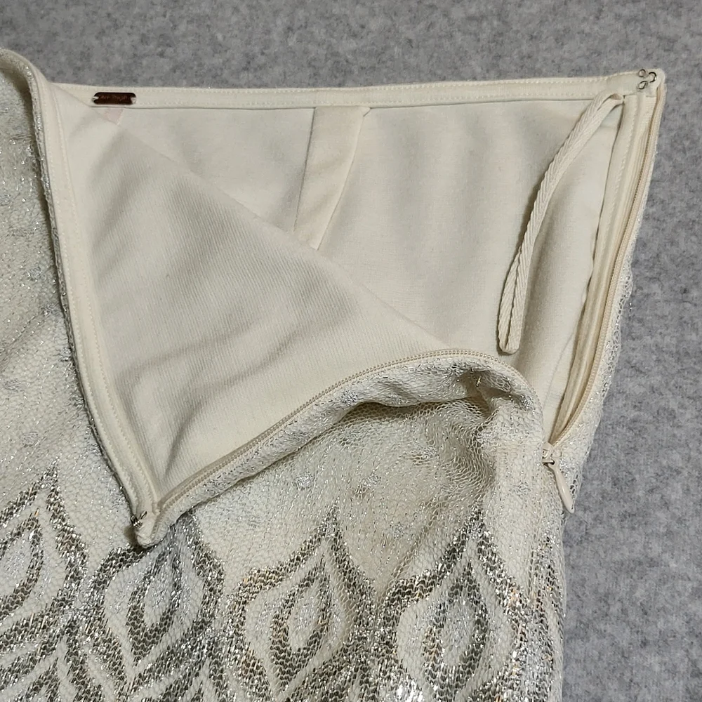 Free People Mini Lurex Skirt Sz 12 Ivory Silver Metallic Overlay Lace Glam Party